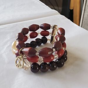 Boho bracelet wood beads and rhinestones.  Stretchable flexible